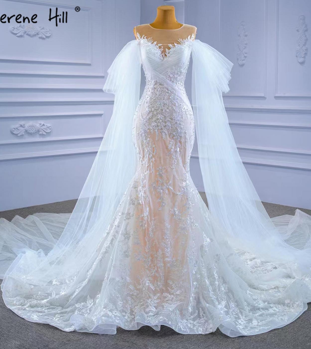 Serene Hill White Nude Mermaid Wedding Dresses  Beaded Lace Elegant Cape Sleeves Bride Gowns Hm67294 Custom Made  Weddin
