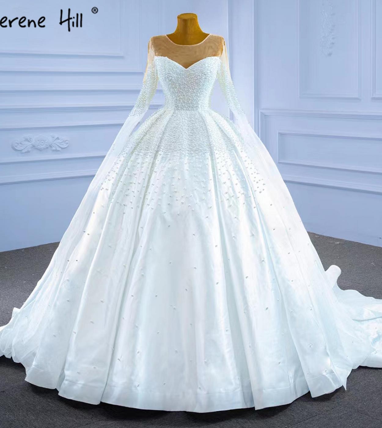 Serene Hill Muslim White Satin Wedding Dresses  Beaded Pearl Highend Bride Gowns Hm67279 Custom Made  Wedding Dresses