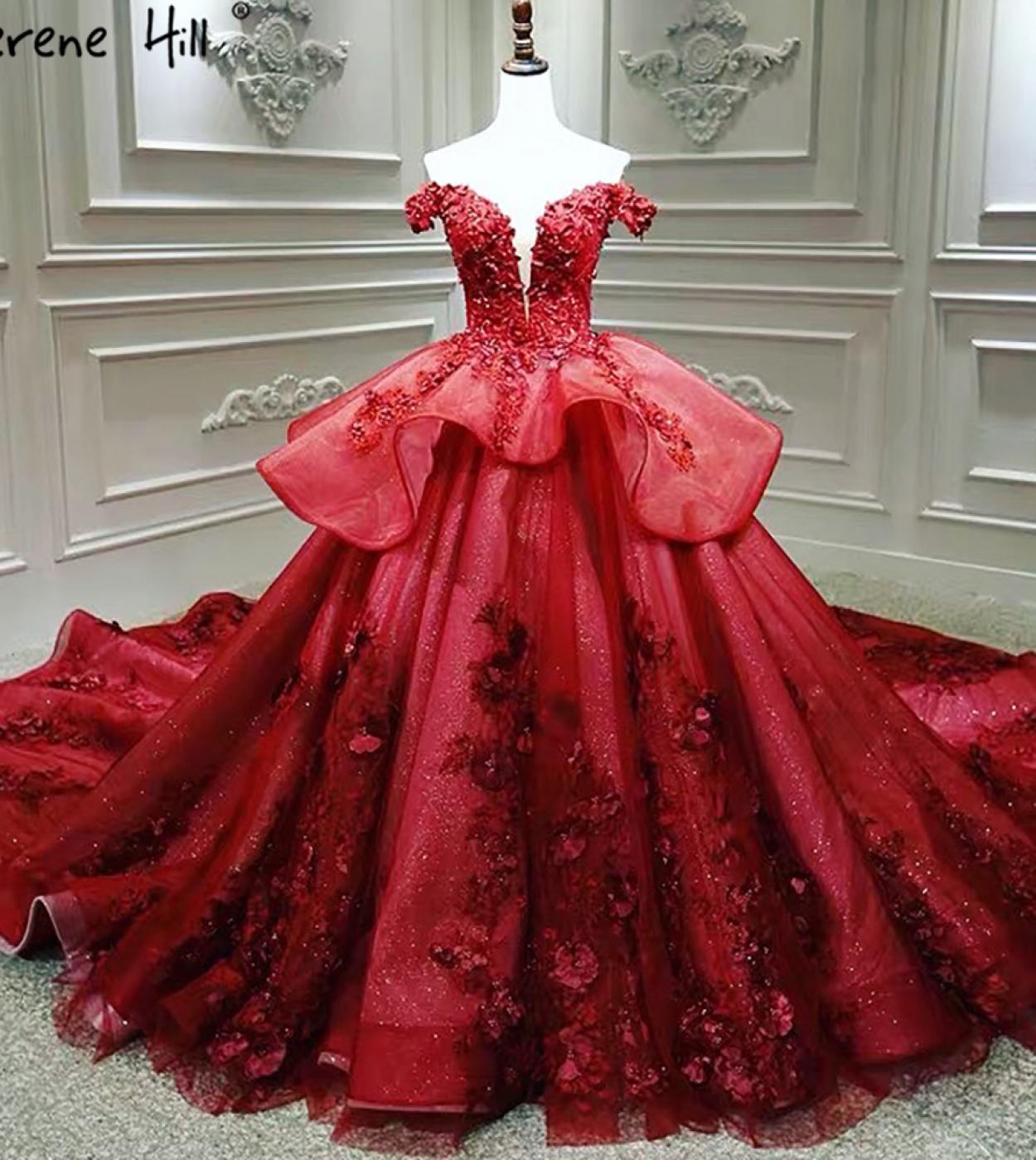 Serene Hill Wine Red Handmade Flowers Wedding Dresses  Dubai Highend  Bride Dress Ha2451 Custom Made  Wedding Dresses