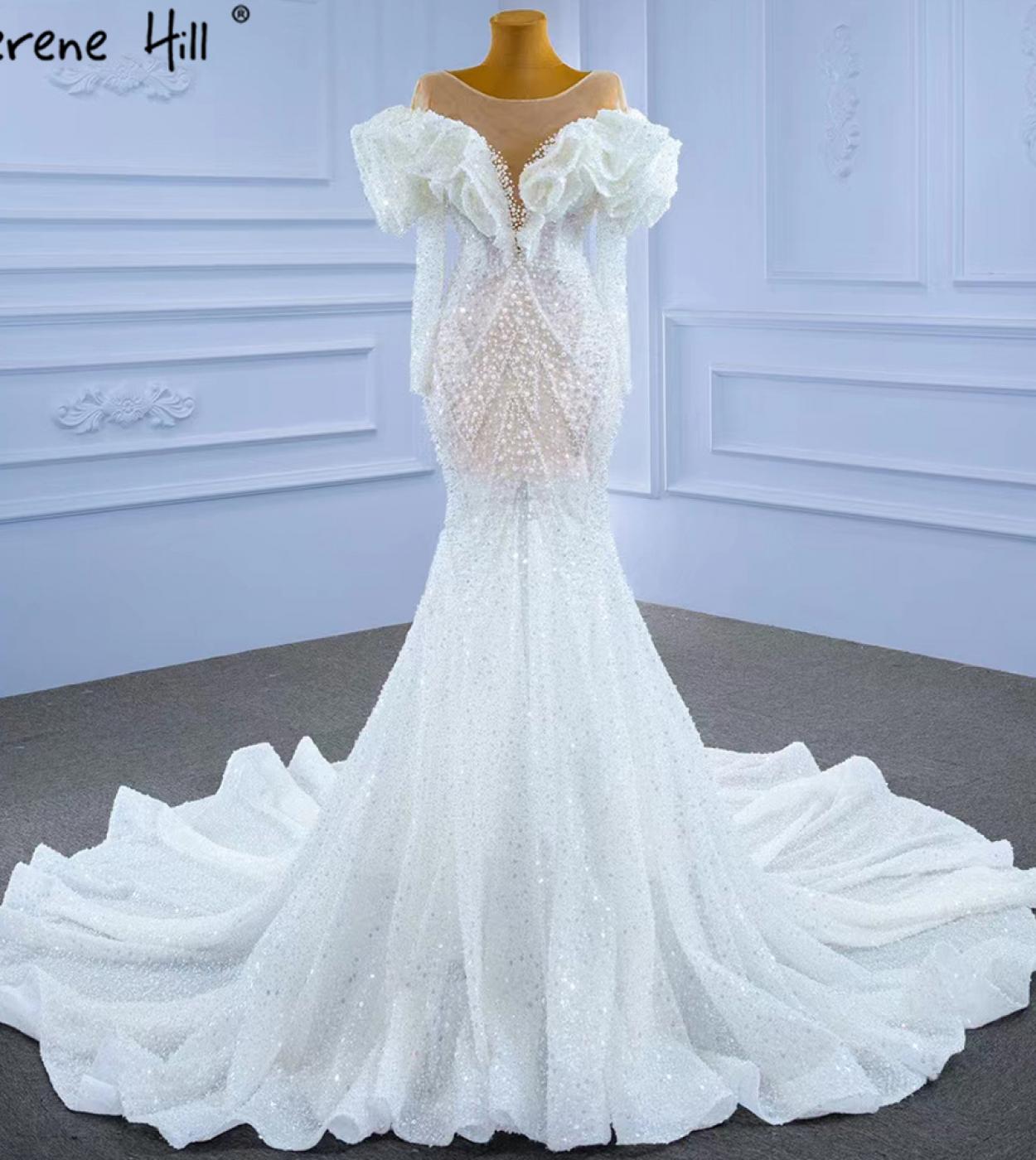 Serene Hill White Muslim Luxury Wedding Dresses Gowns  Mermaid Elegant Beaded Pearls Bridal Dress Hm67280  Wedding Dress