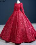 Dubai Red Luxury Ball Gown Wedding Dresses Design  Long Sleeve Sequins Beading Bridal Gowns Hm67121 Custom Made  Wedding