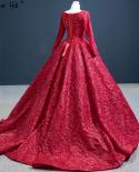 Dubai Red Luxury Ball Gown Wedding Dresses Design  Long Sleeve Sequins Beading Bridal Gowns Hm67121 Custom Made  Wedding