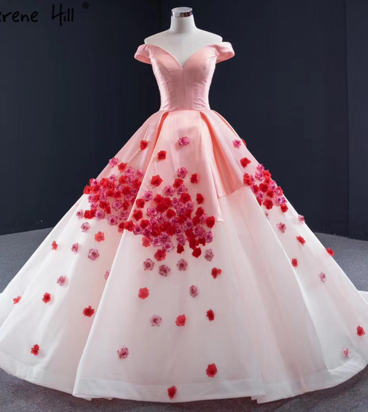 Serene Hill Pink Sweetheart Satin Wedding Dresses  Handmade Flowers Lace Up  Bridal Gown Hm66752  Wedding Dresses