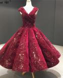Wine Red Vneck Luxury Anklelength Wedding Dresses  Sleeveless Sequined Highend Bridal Gown Ha2296 Custom Made  Wedding D