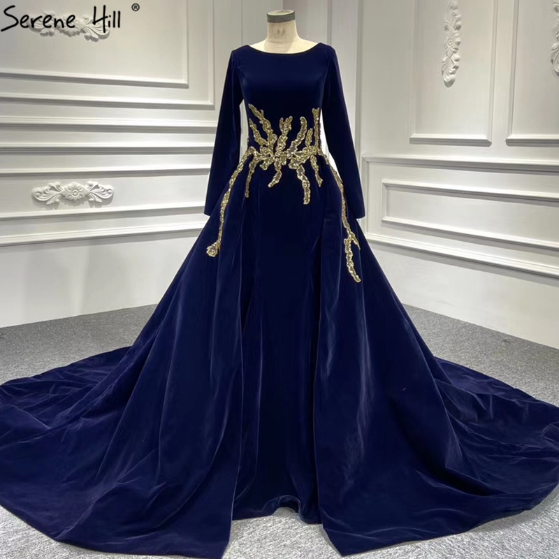 US 745.03 Muslim Navy Blue Velvet High End Wedding Dresses 2023