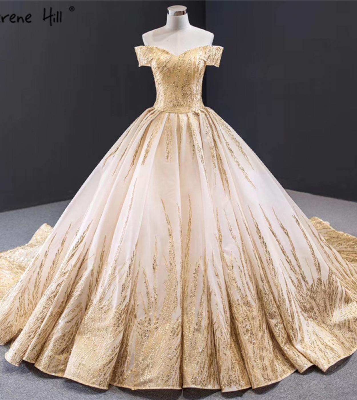 Gold Luxury  Highend Wedding Dresses Design  Off Shoulder Sequined Sparkle Bride Gowns Hm67013 Custom Made  Wedding Dres