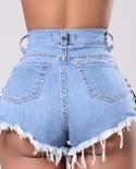Vintage Ripped Hole Fringe Blue Denim Shorts Mujeres Lace Up Casual Pocket Jeans Shorts Verano Mujer Cintura alta Moda J