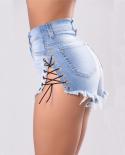 Vintage Ripped Hole Fringe Blue Denim Shorts Women Lace Up Casual Pocket Jeans Shorts  Summer Women High Waist Fashion J