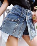 2022 אביב וקיץ אישיות חדשה מזויפת שני חלקים מכנסי גינס קצרים נשים עם חרוזים גבוהים מותן גינס קצר חצאית קצרה