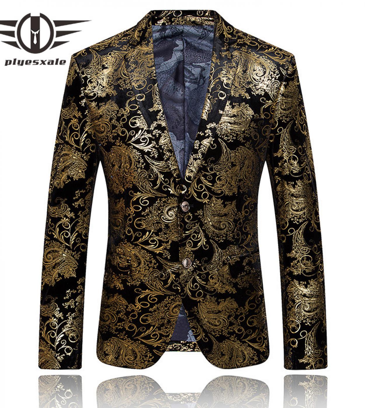 Plyesxale Gold Blazer For Men Luxury Brand Mens Embroidered Blazer Stage Costumes For Singers Slim Fit Wedding Prom Blaz