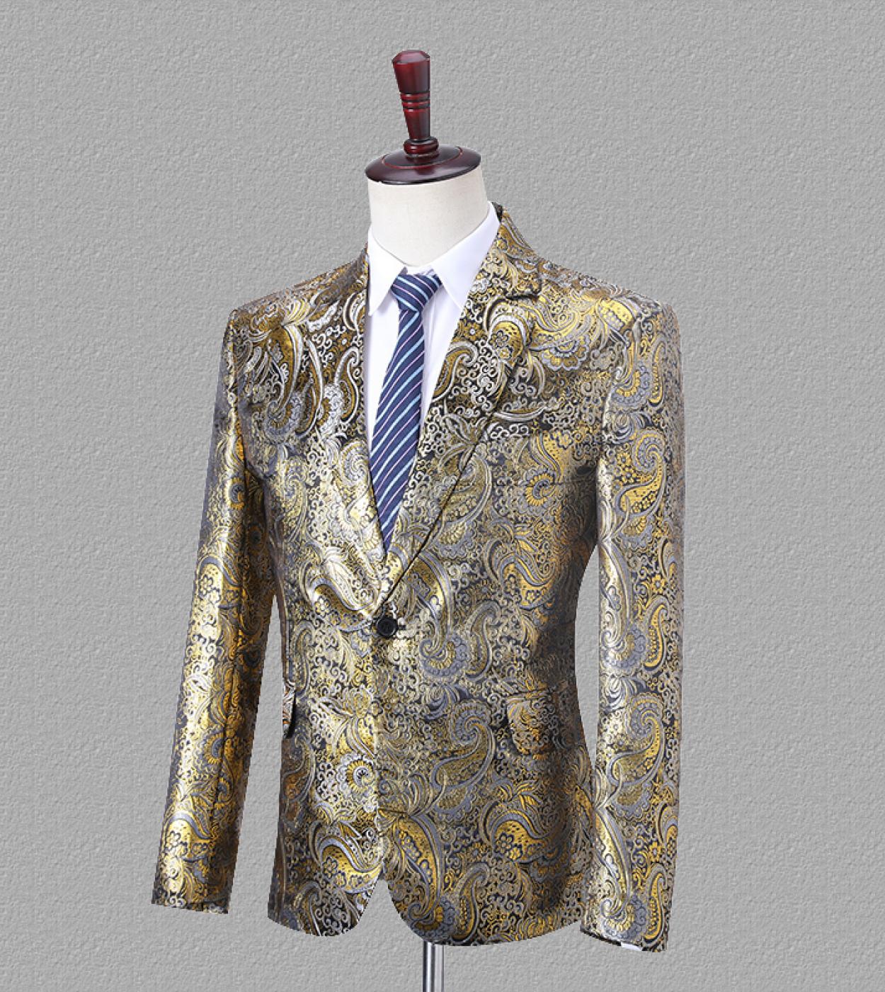 Gold Floral Jacquard Blazer Men  Stylish Mens Wedding Blazers Luxury Stage Prom Party Costume Nightclub Blazer Male Q61