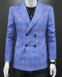 Stylish Double Breasted Blazer Men Sky Blue Plaid Blazers For Men Casual Checkered Terno Masculino Slim Fit 5xl Big Size