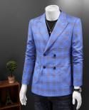 Stylish Double Breasted Blazer Men Sky Blue Plaid Blazers For Men Casual Checkered Terno Masculino Slim Fit 5xl Big Size