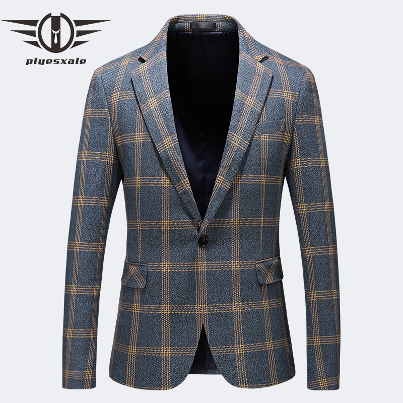 US 85.79 Blazer Men Slim Fit Spring Autumn Mens Plaid Blazer Plus Size Casual Blazers For Men Business Formal Office Jacket Q193 Description