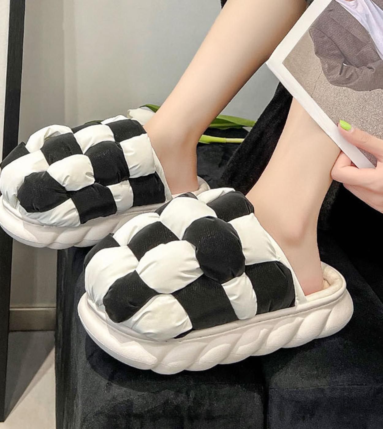 2022 New Winter Thick Bottom Cotton Slippers Fashion Checkerboard Home Indoor Men And Women Couple Velvet Warm Cotton Sl