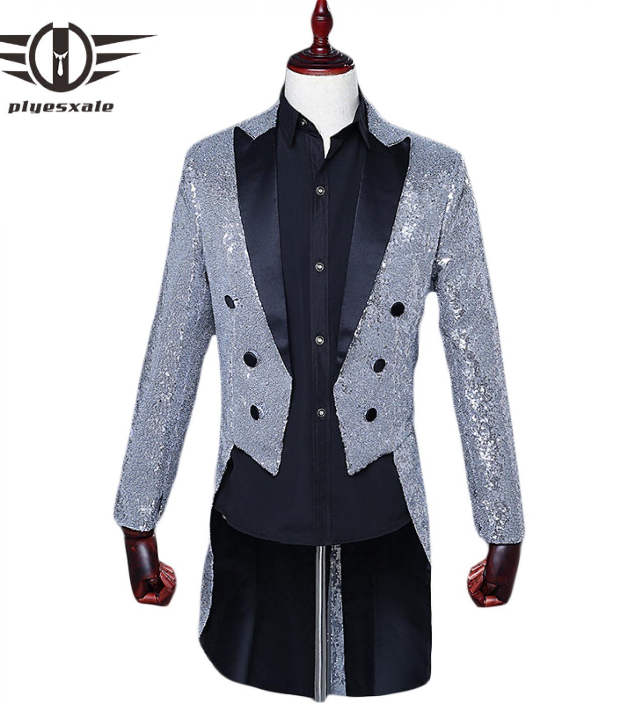 Plyesxale Tuxedo Blazer Men  Black Red Blue Silver Gold Sequin Blazer Jacket Man Slim Fit Tailcoat Stage Party Blazers Q