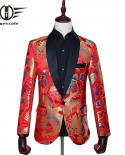 Plyesxale Red Jacquard Blazer Men Chinese Style Dragon Pattern Blazer Masculino Groom Wedding Suit Jacket Prom Blazers Q