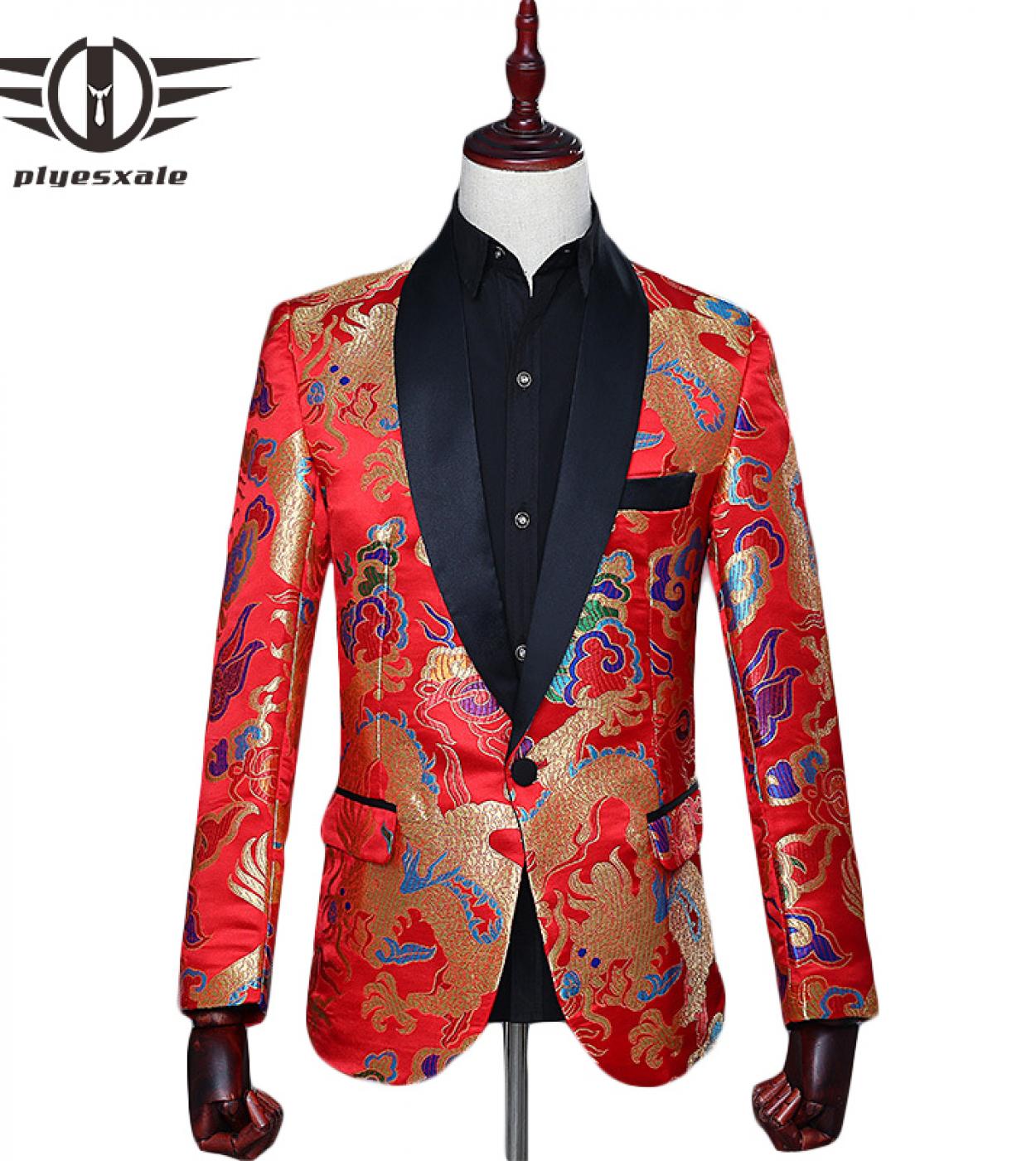 Plyesxale Red Jacquard Blazer Men Chinese Style Dragon Pattern Blazer Masculino Groom Wedding Suit Jacket Prom Blazers Q
