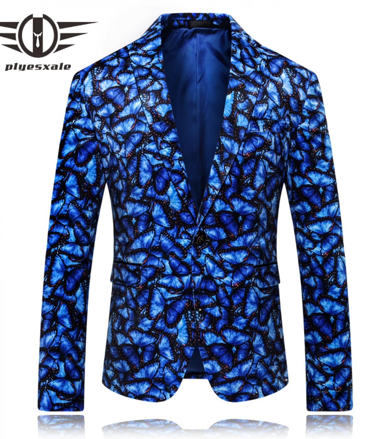 Plyesxale High Quality Mens Christmas Blazer Yellow Royal Blue Butterfly Pattern Slim Fit Casual Blazer Jacket Prom Wear
