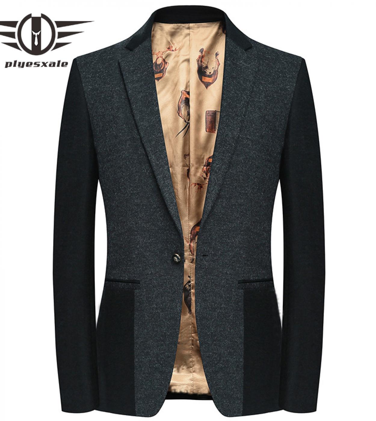  Slim Fit Men Wool Blazer Autumn Fashion Patchwork Designs Woolen Blazer Jacket Classic One Button Mens Blazers Casual Q