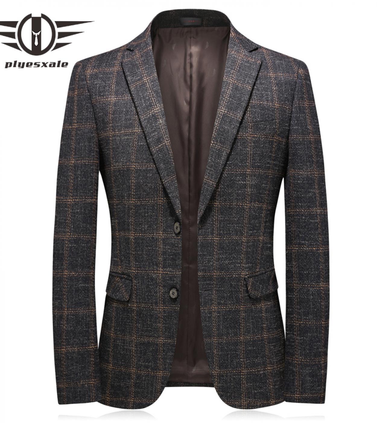 Plyesxale  New Autumn Mens Fashion Brown Plaid Blazer High Quality Business Casual Suit Jacket Blazer Hombre Slim Fit Q7