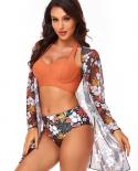 Tropical Mid Waist Halter Bikini Set Cover Up Women Swimsuit Push Up  Long Sleeve Three Pieces Swimwear 2023 Beach Bathi