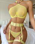 Yellow Mesh Lingerie Naked Sensual Underwear Transparent 3 Piece Bra And Panty Set  Uncensored Intimate New In Matching 
