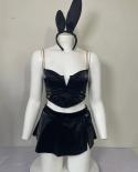 Luxury Temptation Lingerie Set Women 3 Pieces Black Pu Leather Strap With Metal Chain Skirt Bunny Uniform  Underwear Sui