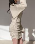 Long Sleeve Dress Women Solid Folds  Vneck Trendy Younger Mini Sheath Bodycon Casual Spring Autumn Vintage Temperament N