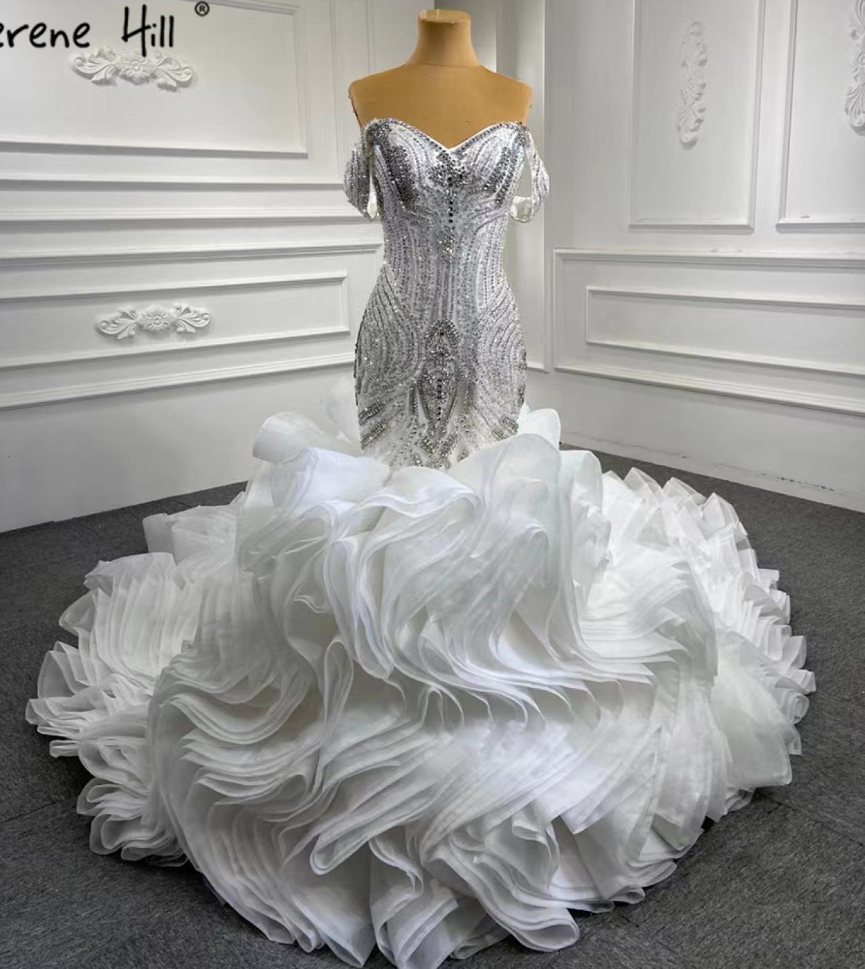 Serene Hill White Ruffles Beaded Wedding Dresses 2022 Mermaid Luxury Elegant Bride Gowns Hm67283 Custom Made  Wedding Dr