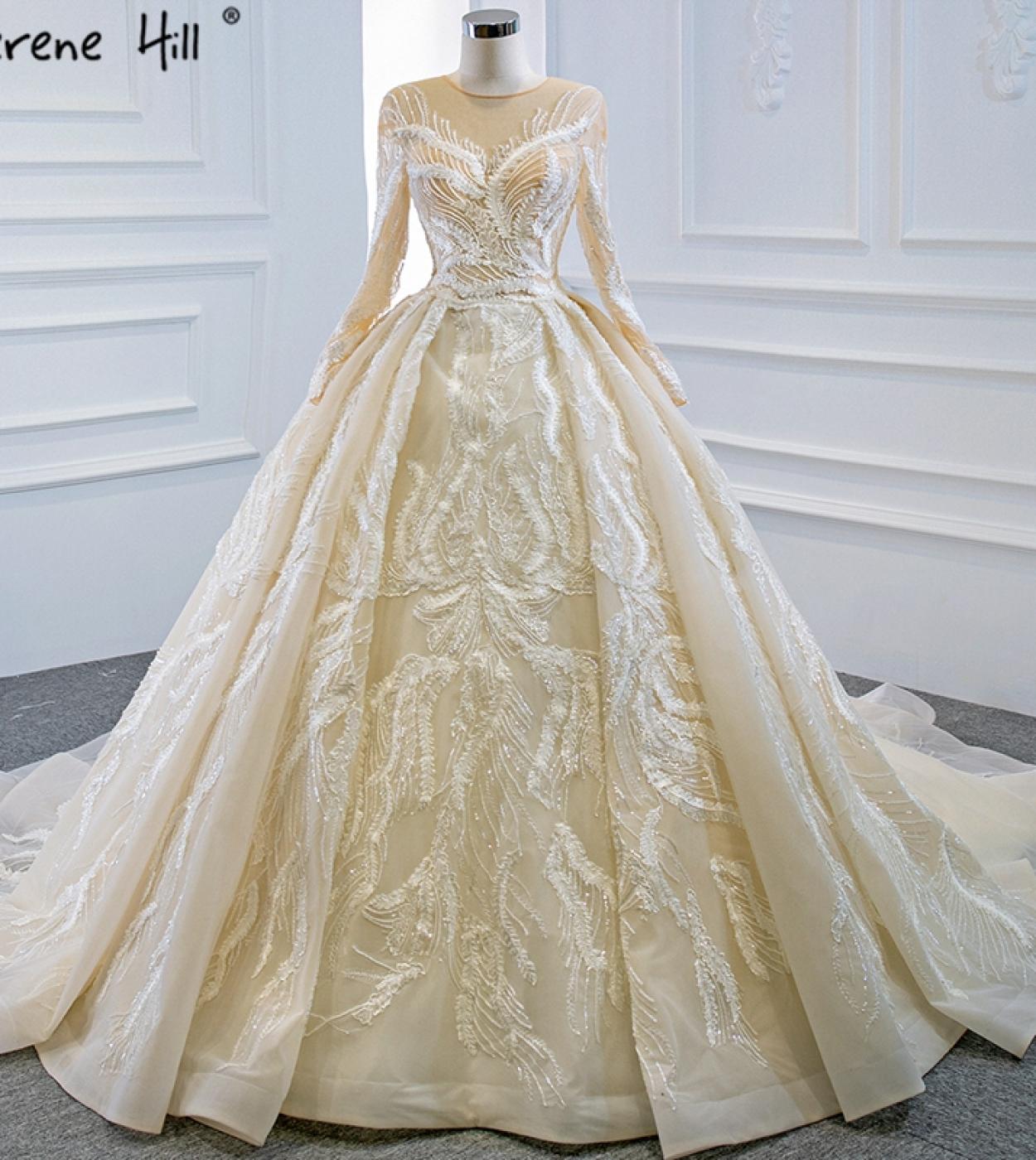 Dubai Champagne High Quality Wedding Dresses  Long Sleeves Pearls Luxury Bridal Gowns Hm66874 Custom Made  Wedding Dress