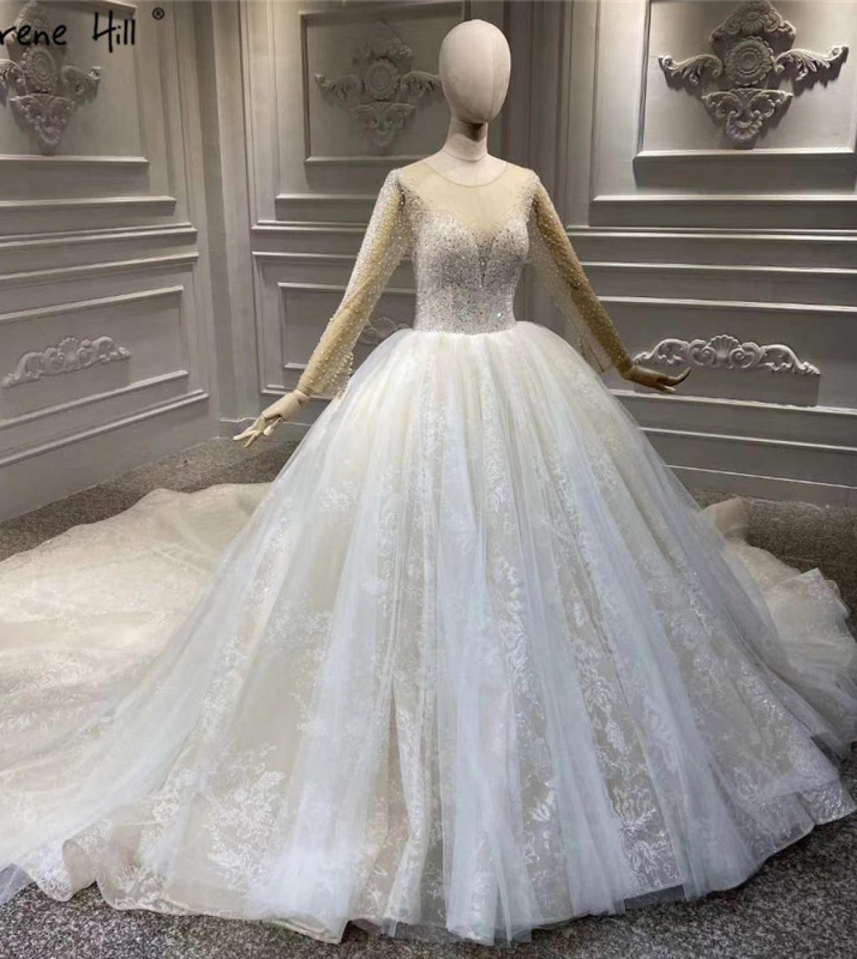 Luxury Vintage Oneck Ivory Wedding Dresses  Long Sleeves Beading Sequins Flowers Bride Gowns Ha2319 Custom Made  Wedding