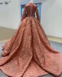 Muslim Orange High Collar Sequined Evening Dresses 2023 Long Sleeve Sparkle Luxury Bridal Gowns Ha2293 Custom Madeevenin