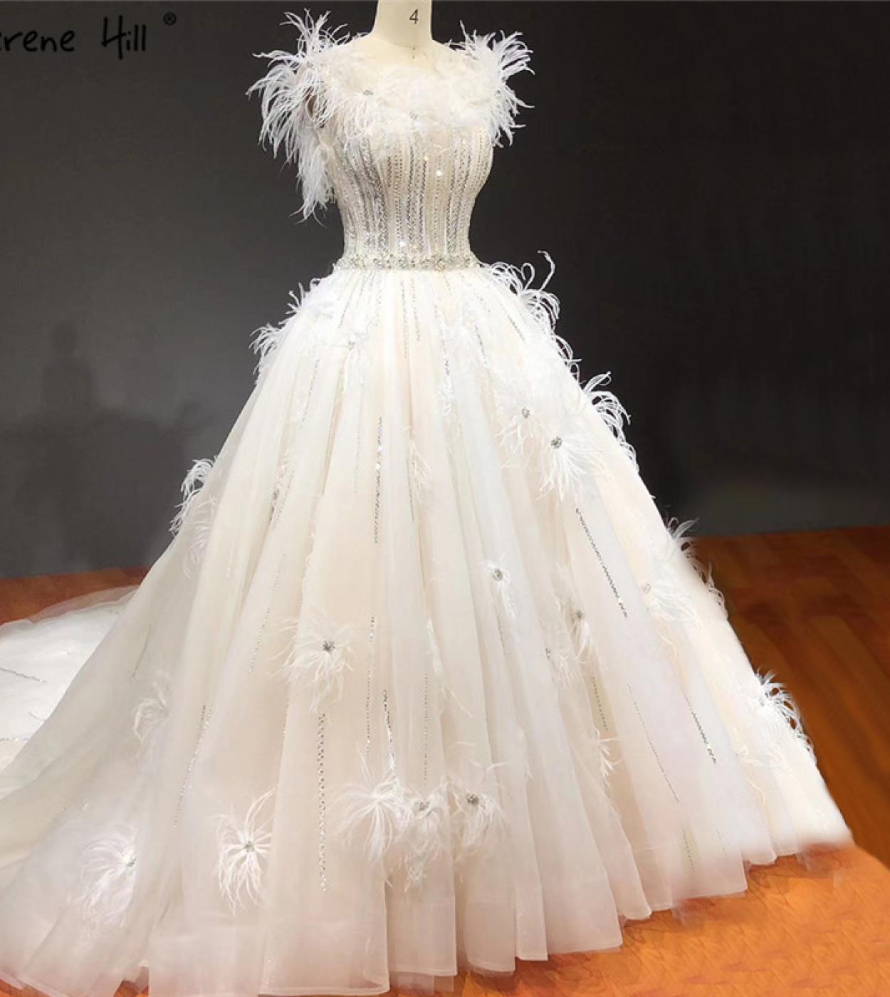 White Sleeveless Feathers Crystal Oneck Wedding Dresses  Sleeveless Luxury Highend Bride Gowns Ha2286 Custom Made  Weddi