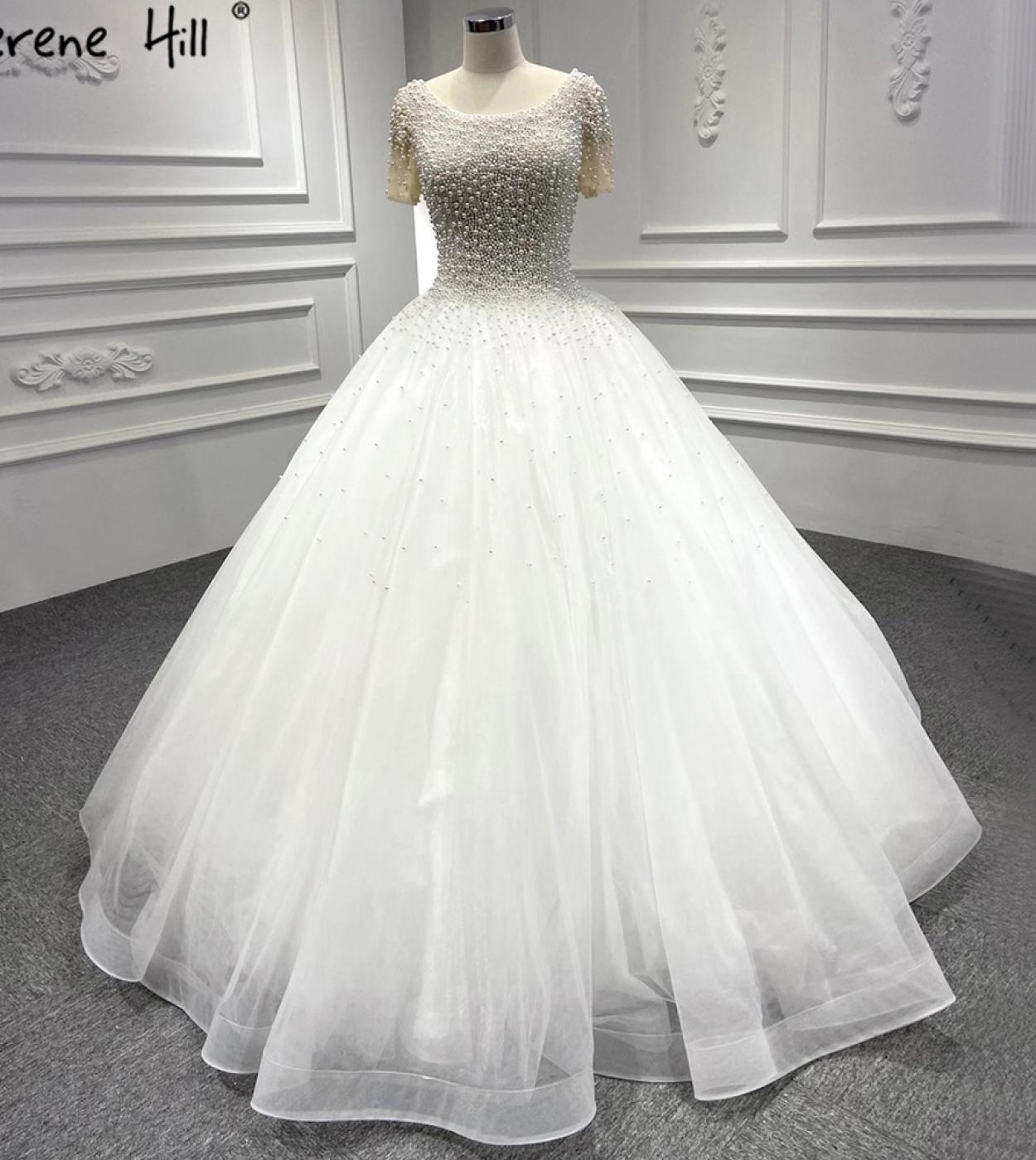 Serene Hill White Short Sleeves Wedding Dresses 2023 Beading Pearls O Neck High End  Bride Gowns Ha2458 Custom Madeweddi
