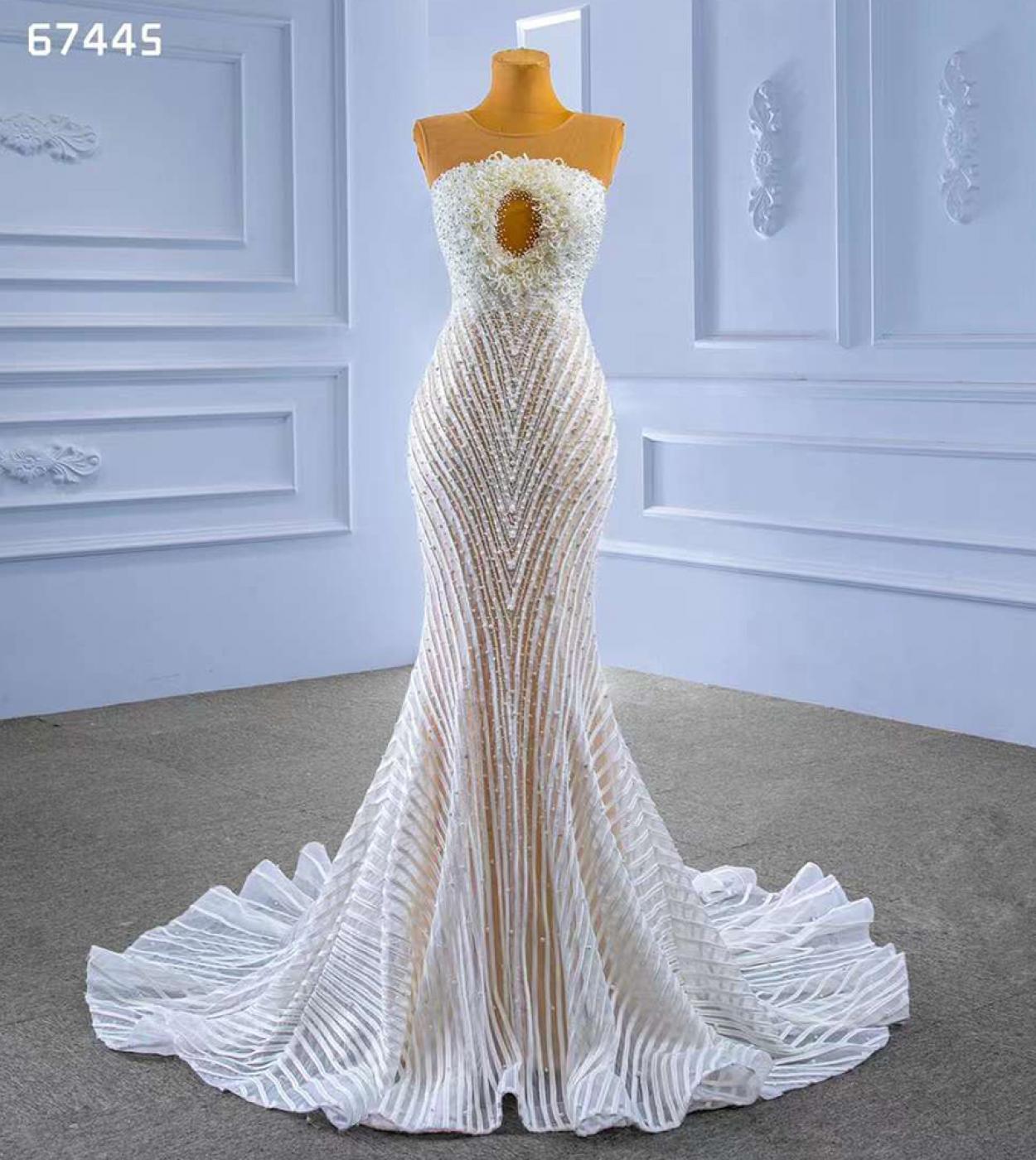 Serene Hill White Nude Elegant Mermaid High End Custom Made Pearls Beaded Lace Up Bride Evening Gown Wedding Dress 2022 