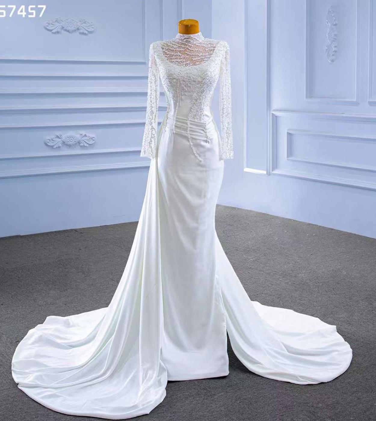 Serene Hill Branco Sereia Cetim Mangas Compridas Renda Frisada Renda Noiva Vestido de Noite Vestido de Noiva Alta Qualidade Cust
