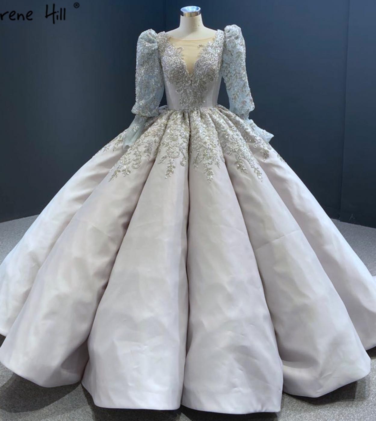 Dubai Grey Satin Oneck Luxury Wedding Dresses Long Sleeves Pearls Beading Bridal Gowns Serene Hill  Ha2400  Wedding Dres