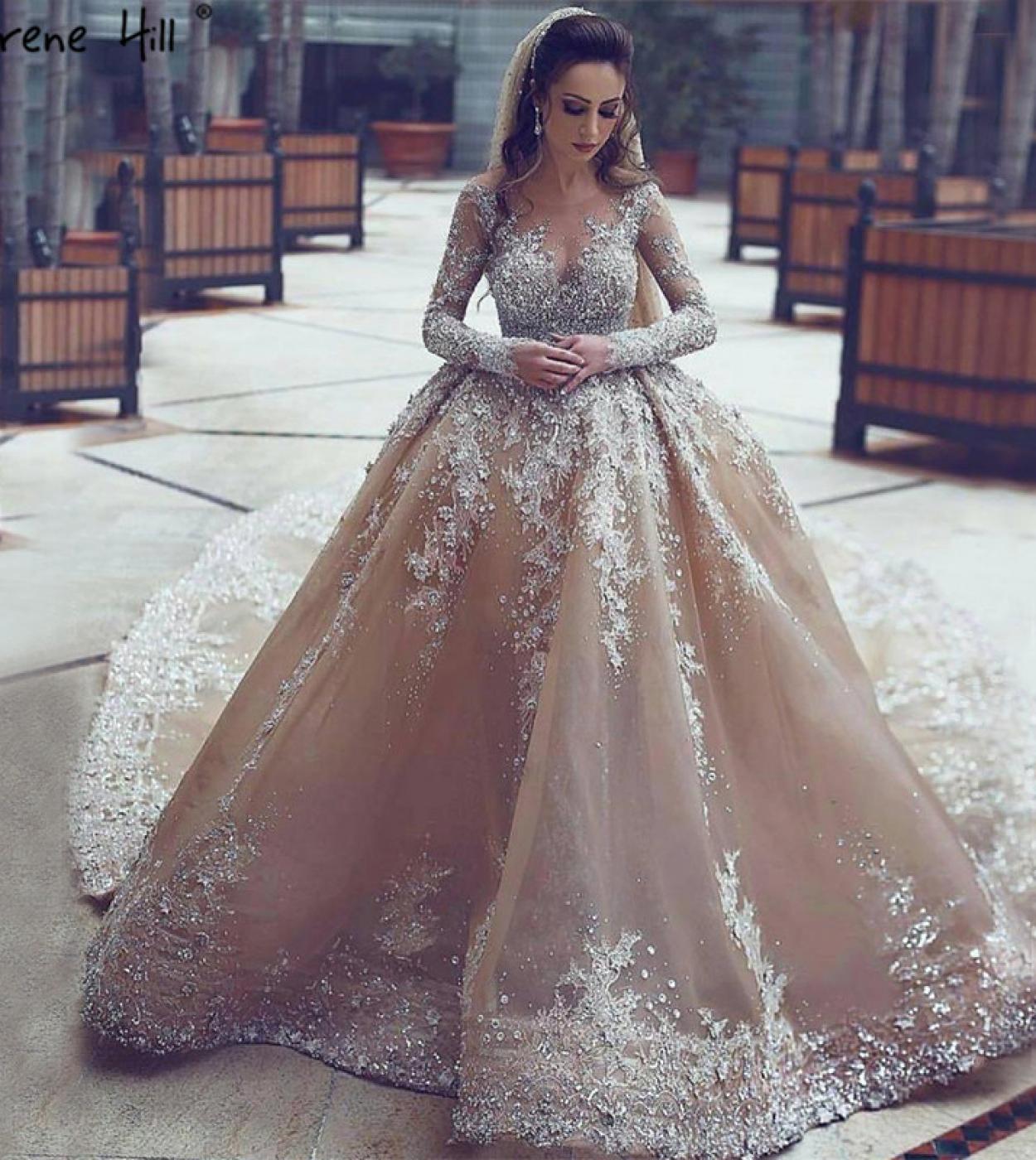 Dubai Champagne Long Sleeves Luxury Wedding Dresses  Handmade Flowers Sequined Bridal Gowns Ha2222 Custom Made  Wedding 