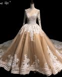 Dubai Champagne Long Sleeves Luxury Wedding Dresses  Handmade Flowers Sequined Bridal Gowns Ha2222 Custom Made  Wedding 