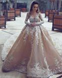 Dubai Champanhe Mangas Compridas Vestidos de Noiva de Luxo Feitos à Mão Flores com Lantejoulas Vestidos de Noiva Ha2222 Custom M
