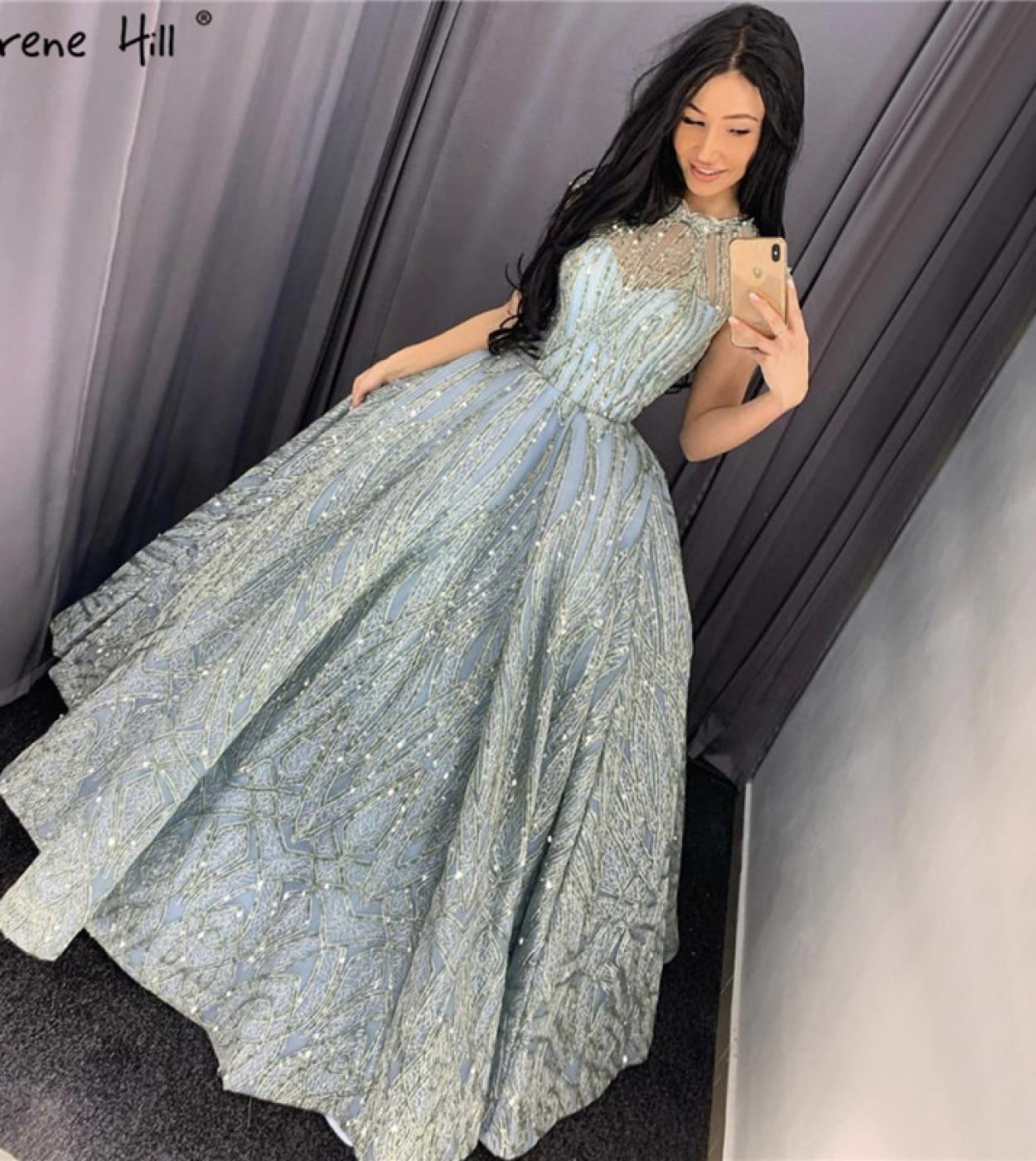 Clear Water Blue High Collar Evening Dresses  Short Sleeve Lace Sequined Bridal Gowns Design Real Photo Hm66981  Evening