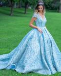 Clear Water Blue High Collar Evening Dresses  Short Sleeve Lace Sequined Bridal Gowns Design Real Photo Hm66981  Evening