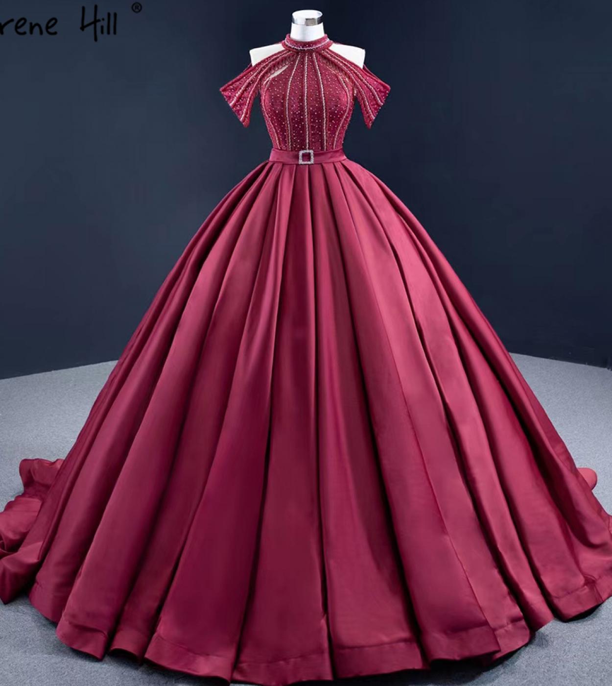 Serene Hill Wine Red Satin Luxury Wedding Dresses Gowns  Beading Crystal Lace Up Bridal Dress Hm67249 Custom Made  Weddi