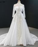 White High Collar Detachable Train Evening Dresses  Long Sleeve Feathers Pearls Formal Dress Serene Hill Hm67052  Evenin