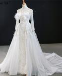 White High Collar Detachable Train Evening Dresses  Long Sleeve Feathers Pearls Formal Dress Serene Hill Hm67052  Evenin