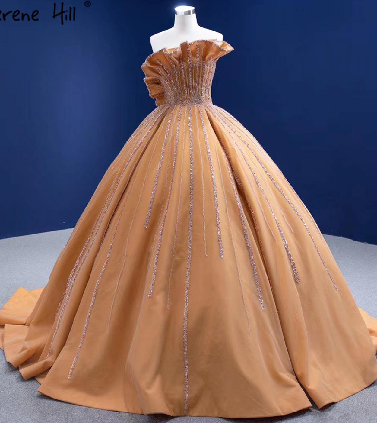Serene Hill Luxury Sleeveless Gold Wedding Dresses 2022 Satin Highend Beaded  Bridal Dress Hm67356 Custom Made  Wedding 