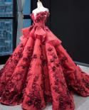 Latest Red Off Shoulder  Wedding Dresses Design  Handmade Flowers Pearls Bridal Gowns Real Photo Hm66878 Custom Made  We