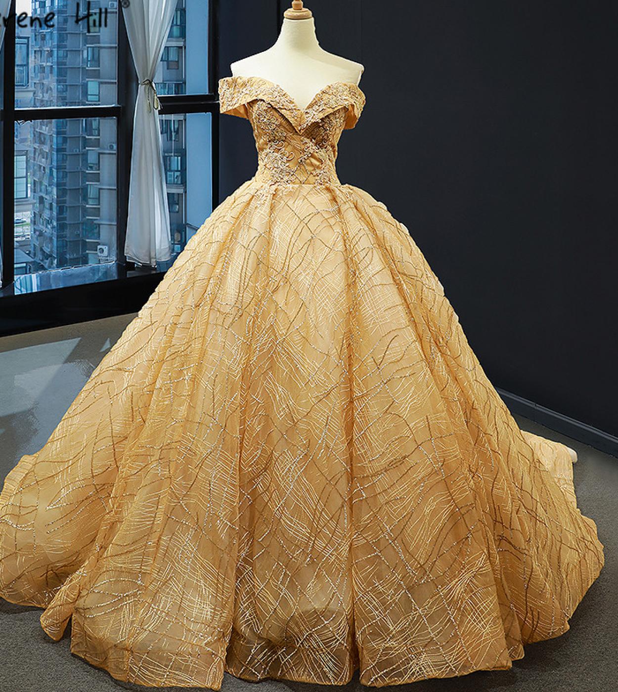 Gold Luxury Off Shoulder  Wedding Dresses  Latest Design Handmade Flowers Beading Bridal Gowns Hm66844 Custom Made  Wedd