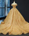 Gold Luxury Off Shoulder  Wedding Dresses  Latest Design Handmade Flowers Beading Bridal Gowns Hm66844 Custom Made  Wedd